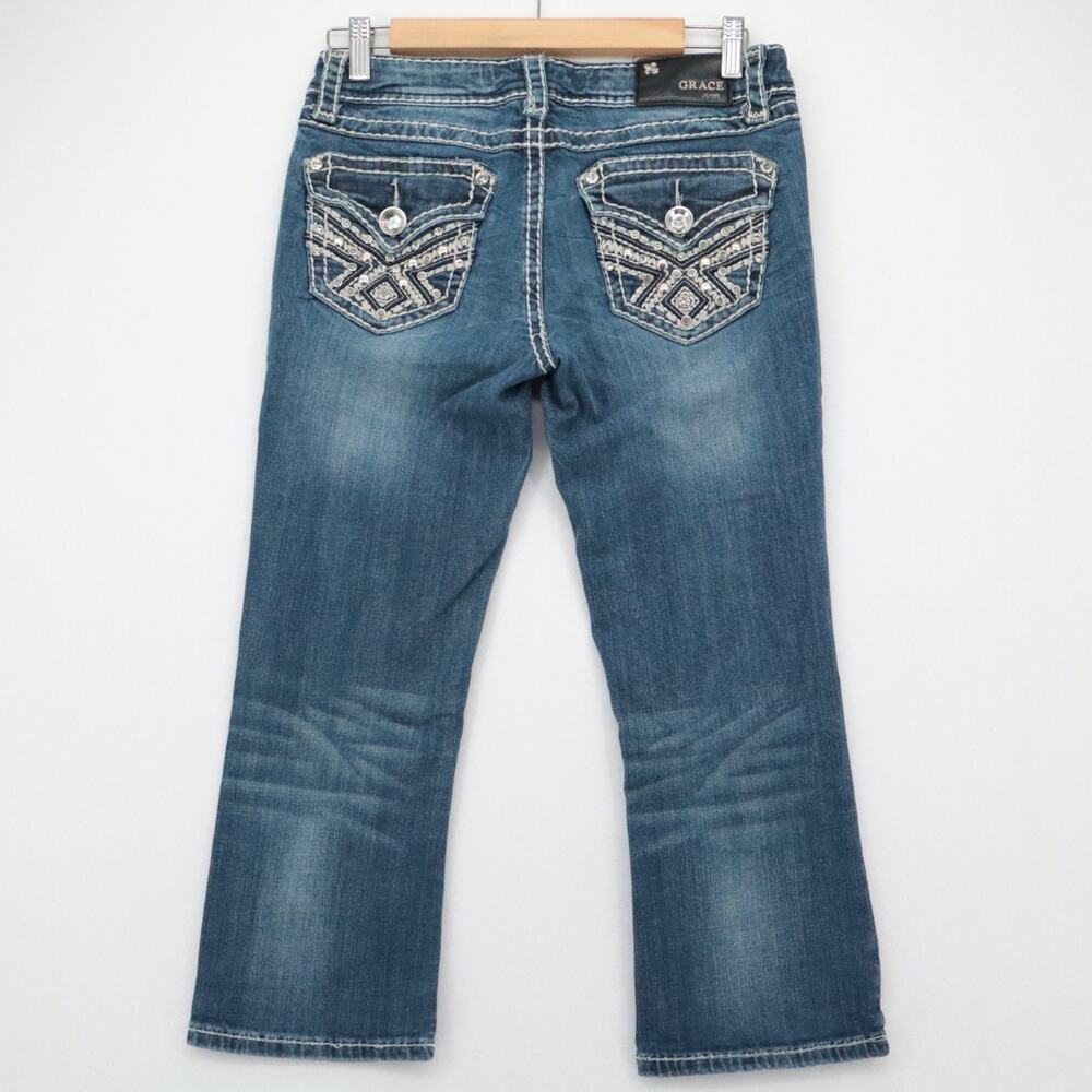 Y2K GRACE IN LA Size 27 Capri Jeans Rhinestones Low Rise Thick Stitch Womens